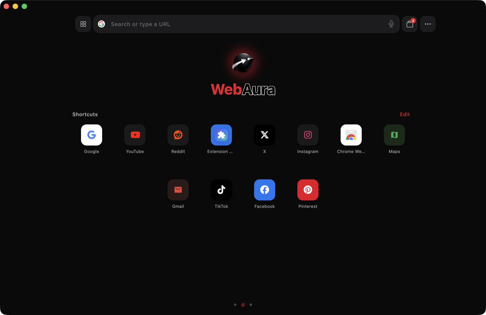 WebAura desktop start page with shortcuts and search