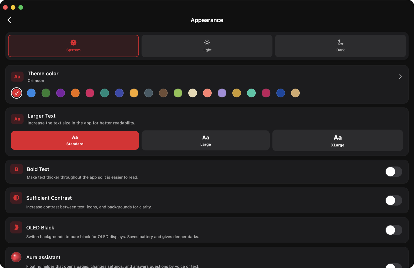 WebAura desktop appearance settings with theme colors and text options