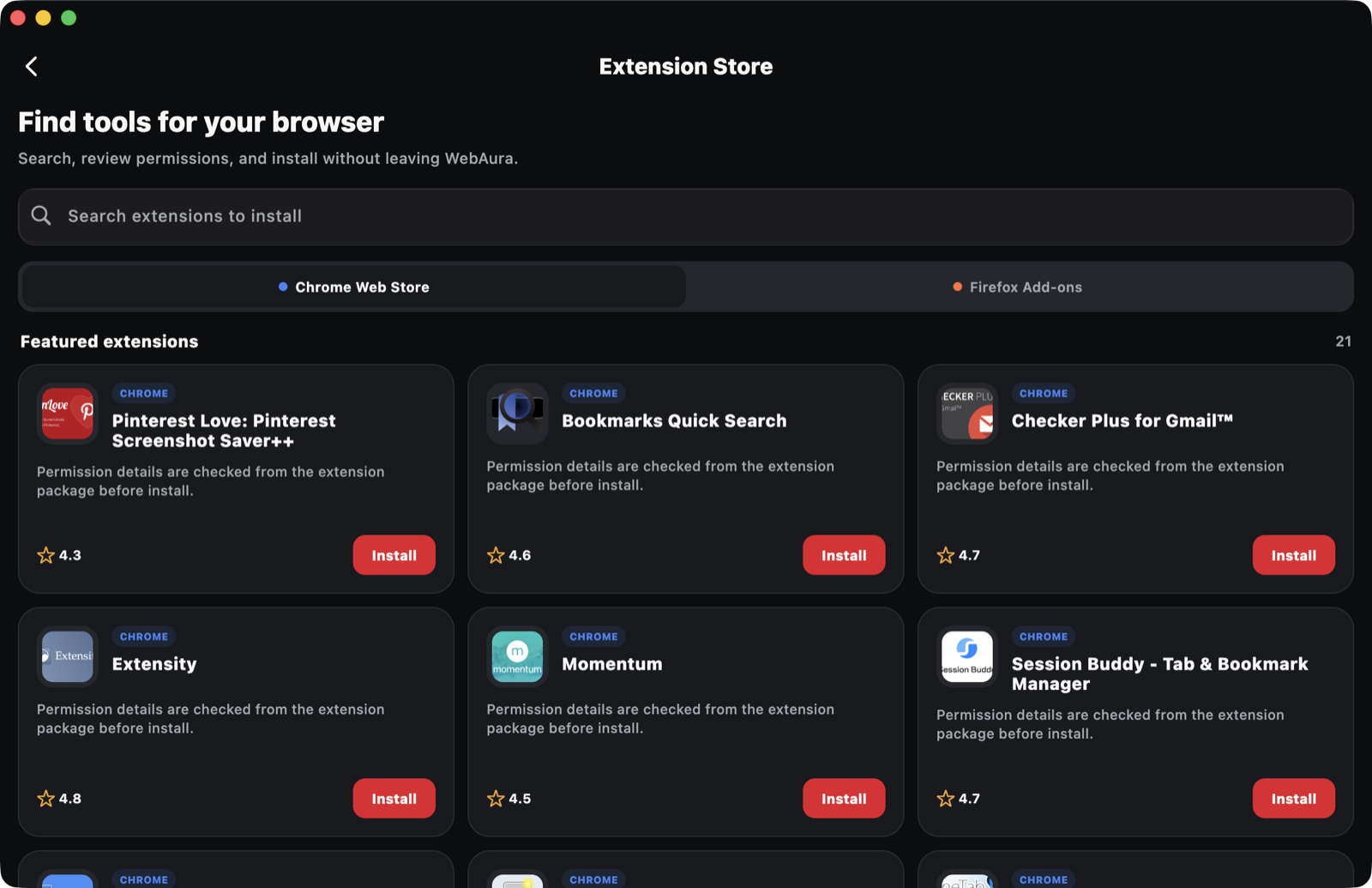 WebAura desktop extension store with featured Chrome extensions