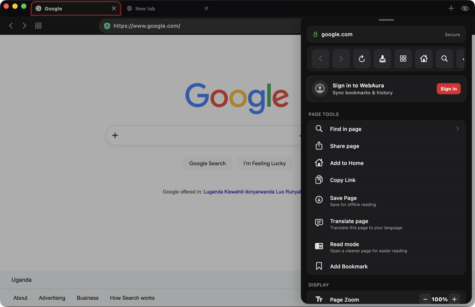 WebAura desktop browser with page tools menu open