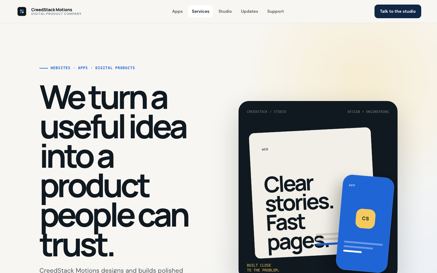 CreedStack Motions website and app development studio page